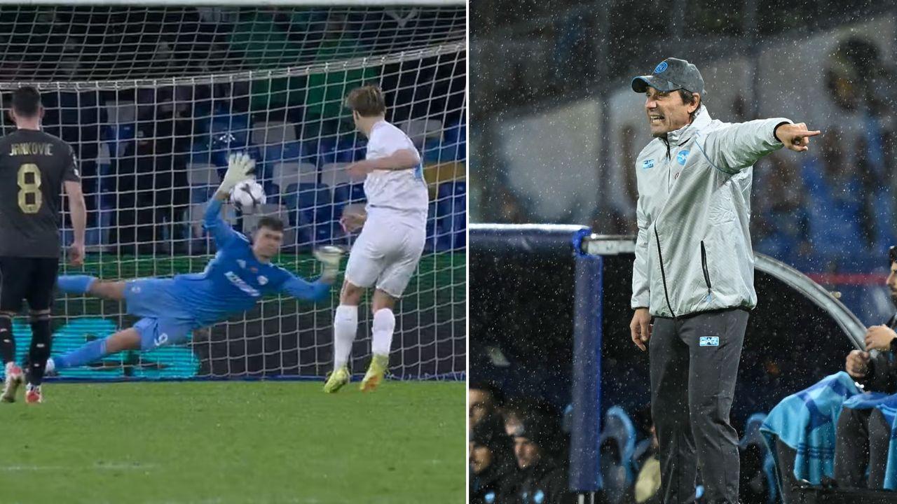 La reazione di Conte al rigore sbagliato da Hojlund