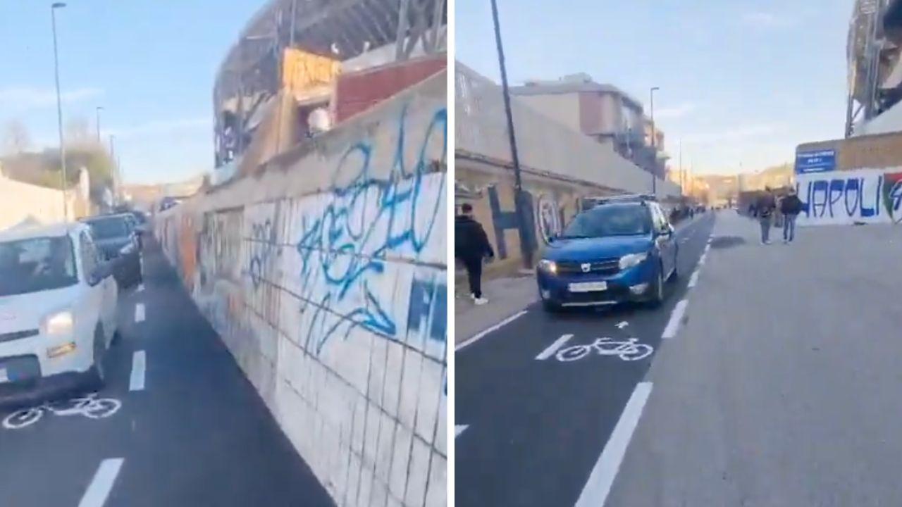 Stadio Maradona, auto sulla pista ciclabile in zona pedonale! La denuncia di Borrelli | VIDEO