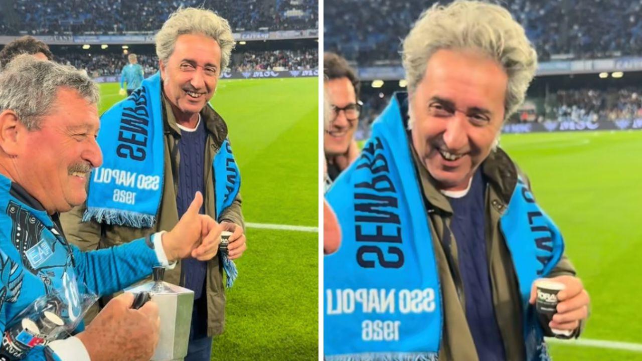 Napoli-Milan, Paolo Sorrentino a bordocampo: siparietto con Tommaso Starace | VIDEO