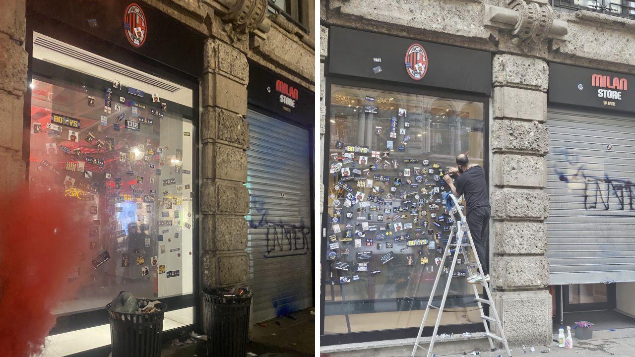 Festa scudetto Inter, vandalizzato lo store del Milan nel cuore della notte | FOTO