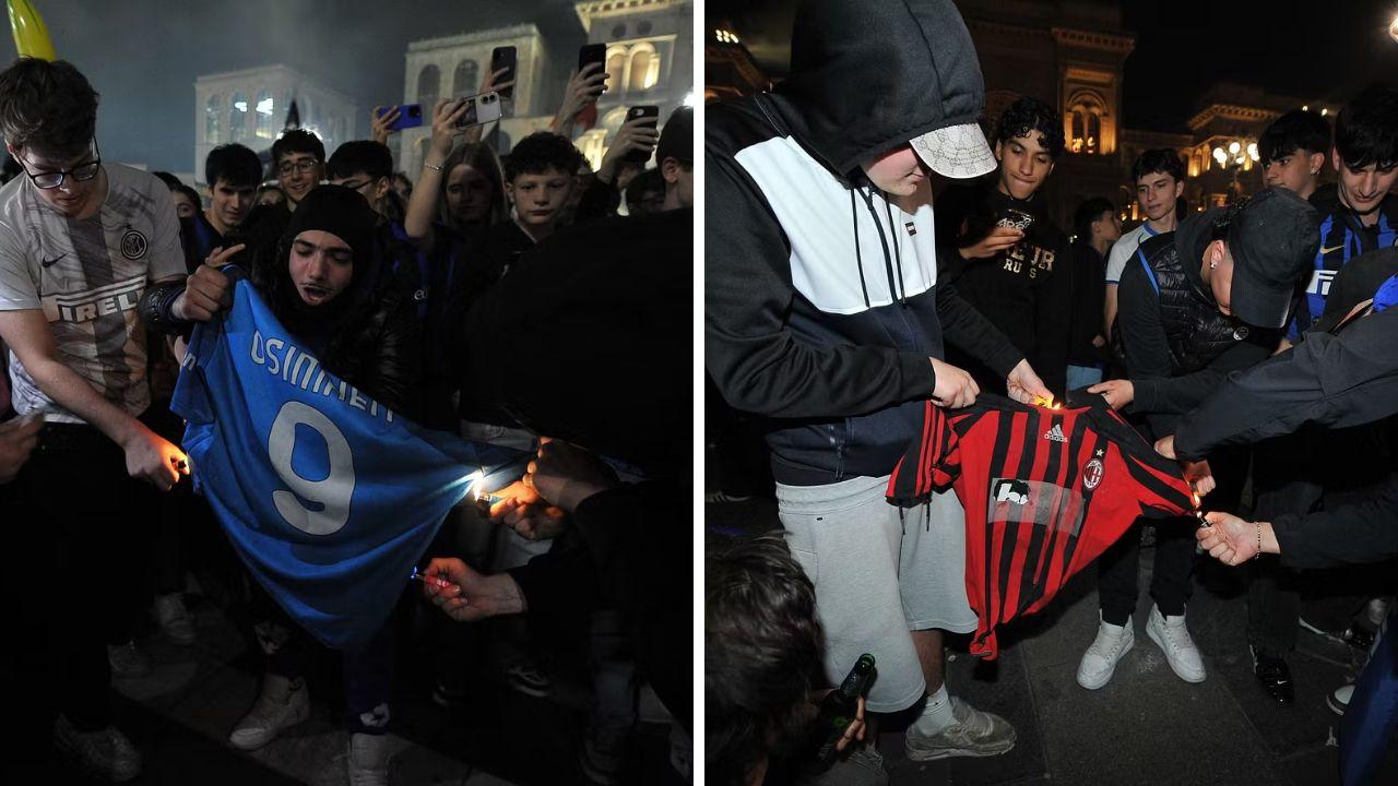 Festa scudetto Inter, gesto vergognoso a Milano: bruciate le magliette di Napoli e Milan | FOTO
