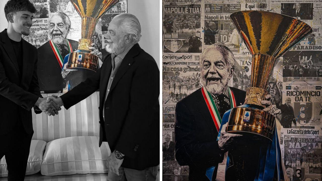 Regalo di compleanno per De Laurentiis: &egrave; un'opera di Mattia Mastrillo | FOTO