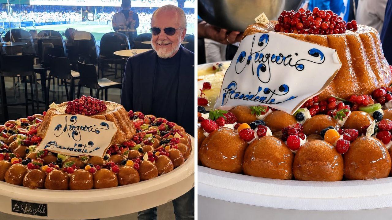 De Laurentiis festeggia il compleanno allo stadio: enorme torta di babà in tribuna | VIDEO