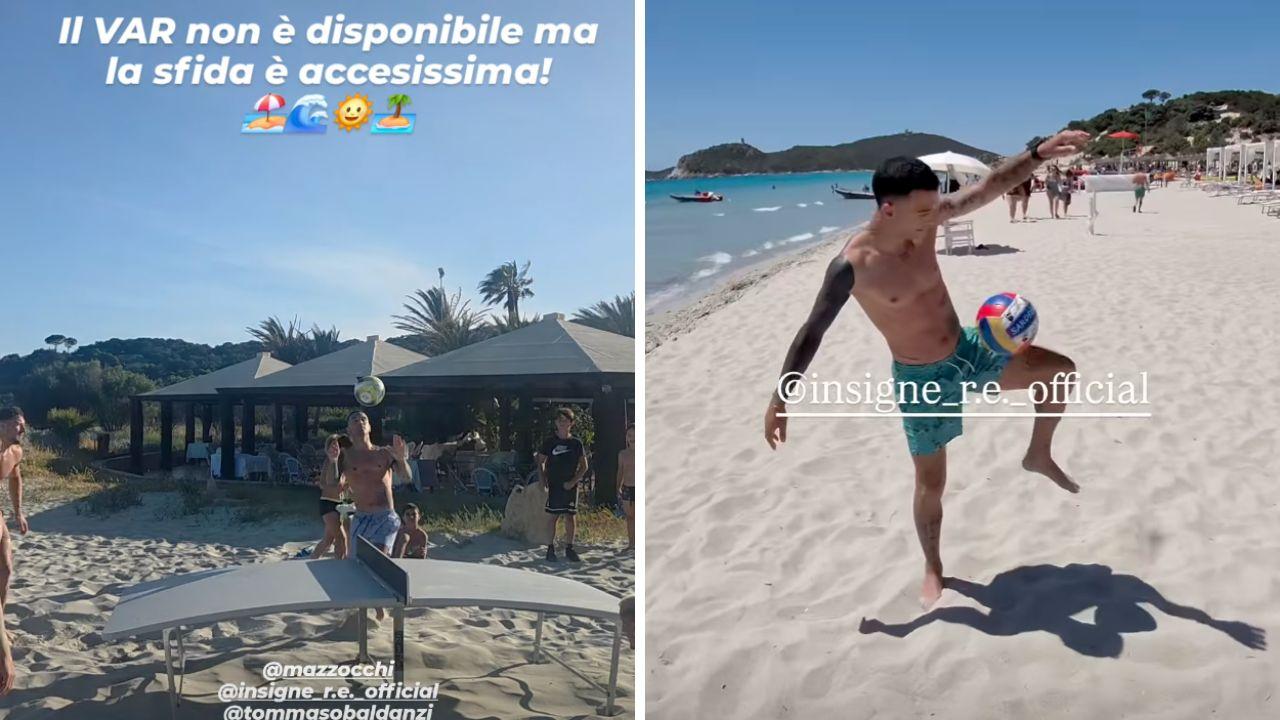 Mazzocchi gioca con Roberto Insigne, sfida in spiaggia a calcio-tennis | VIDEO