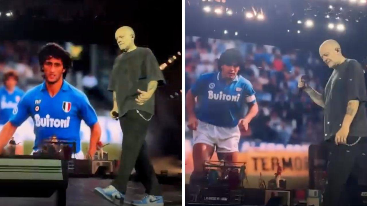 Max Pezzali in concerto allo Stadio Maradona, omaggio alla storia del calcio Napoli | VIDEO