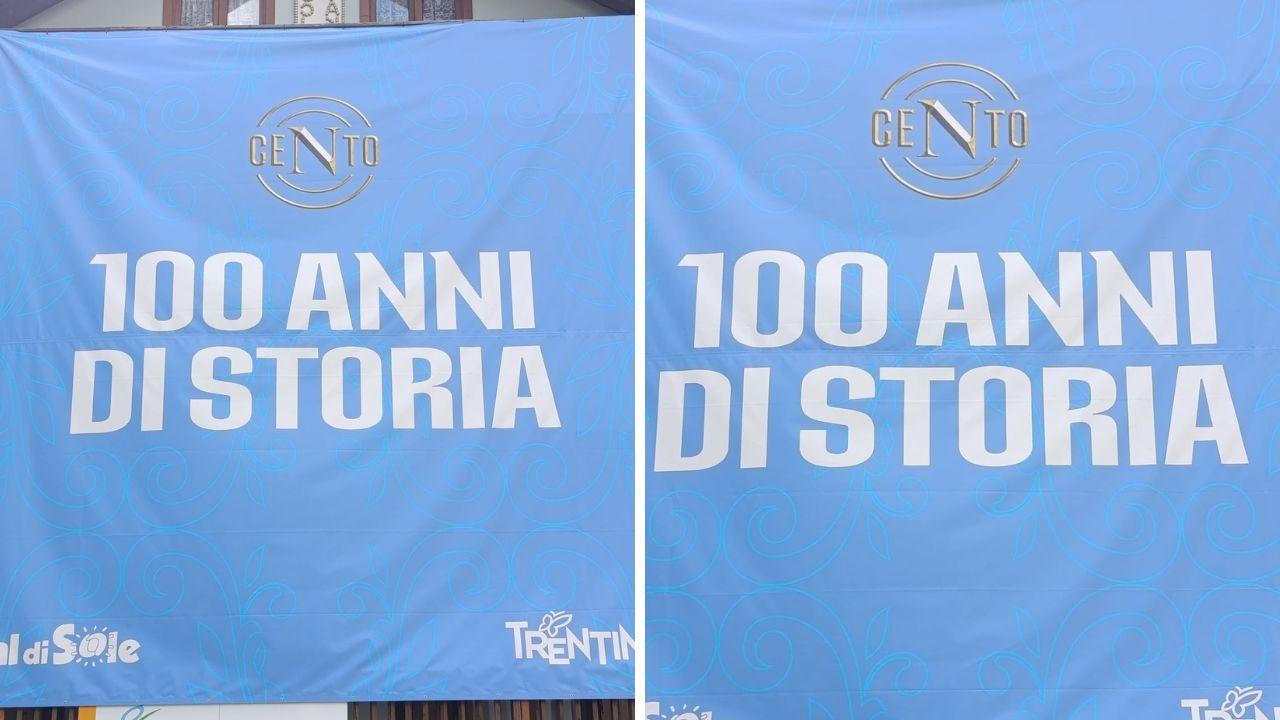 Ritiro Napoli a Dimaro: in piazza spunta un maxi striscione per festeggiare il centenario | FOTO