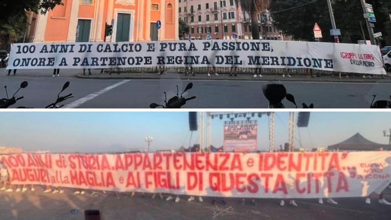 Centenario Napoli, striscione di auguri anche dagli ultras di Genoa e Ancona | FOTO