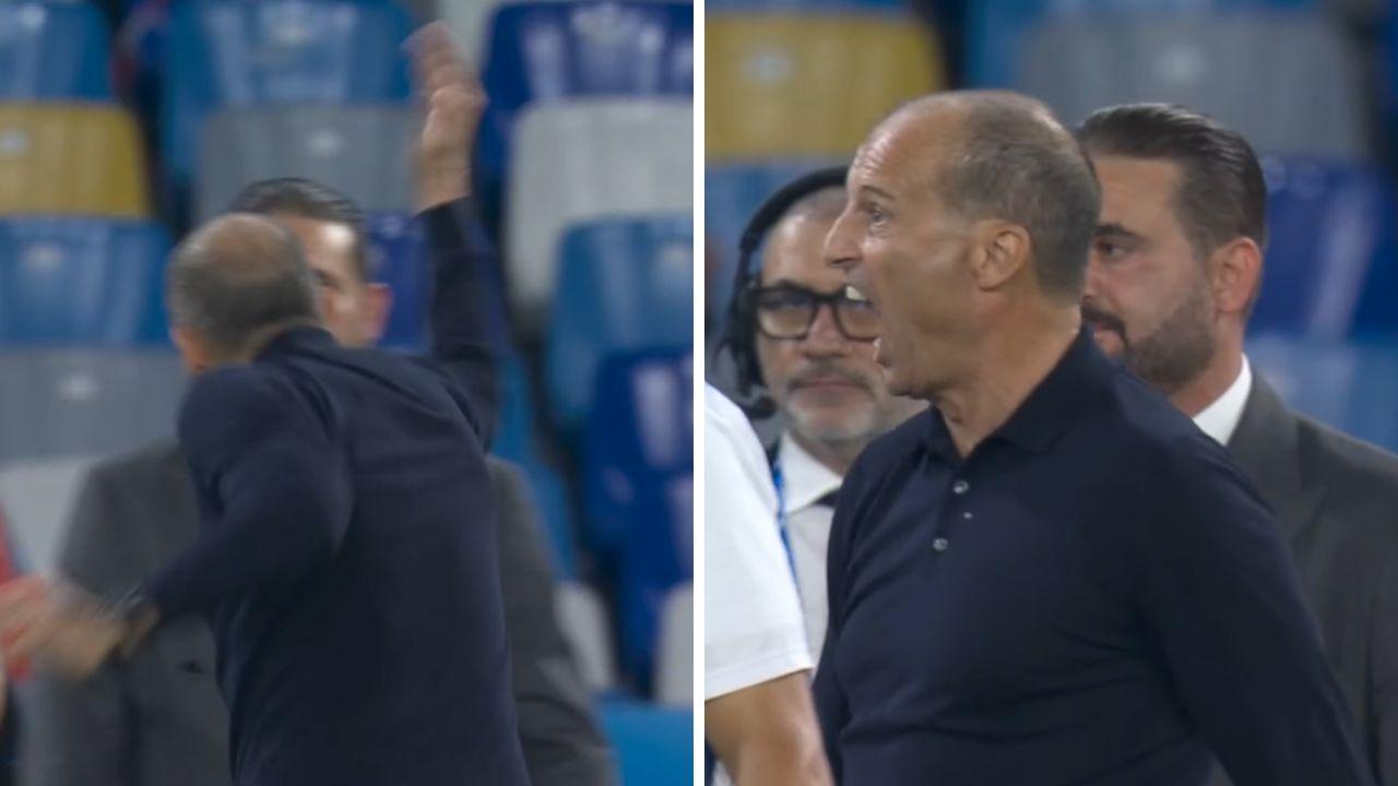 Allegri furioso nel finale di Napoli-Bologna: grida contro Lucca, Max spinge via il vicepresidente Edoardo De Laurentiis | FOTO