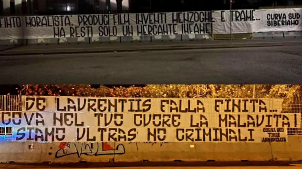 Ultras Salerno e Torre Annunziata contro De Laurentiis: striscioni shock contro il presidente del Napoli | FOTO