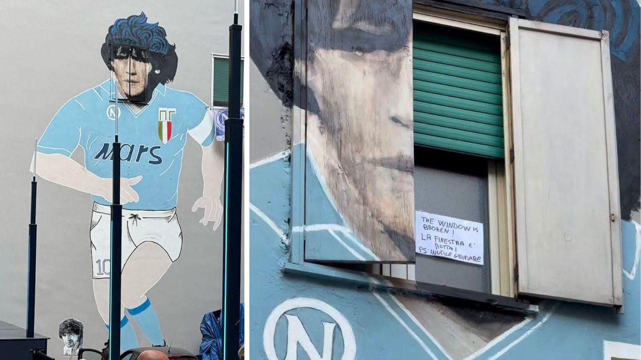 Riparata la finestra rotta, riapre il murale a Largo Maradona | FOTO