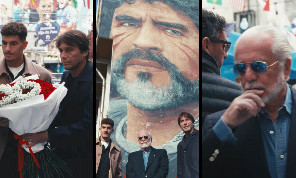 De Laurentiis con Conte e Di Lorenzo: le immagini ai murales per Maradona | VIDEO