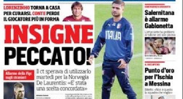 FOTO - La prima pagina del Corriere dello Sport: Insigne peccato!