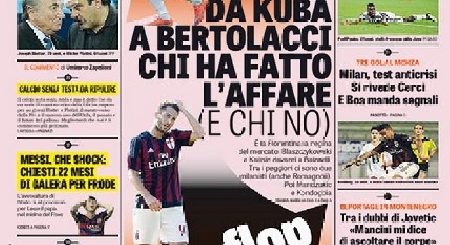 FOTO - La prima pagina della Gazzetta dello Sport titola: Da Kuba a Bertolacci, chi ha fatto l'affare e chi no