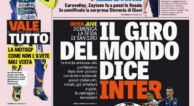 FOTO - La prima pagina della Gazzetta dello Sport: Il giro del mondo dice Inter