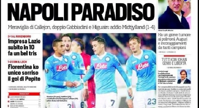 Corriere dello Sport in prima pagina: Napoli paradiso, che spettacolo in Danimarca!