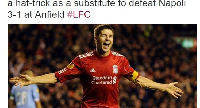 FOTO - Twitter, il Liverpool ricorda: Cinque anni fa l'hat-trick di Gerrard al Napoli