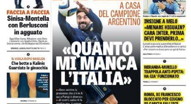 FOTO - La Gazzetta in prima pagina, Lavezzi: Quanto mi manca l'Italia. E Insigne risponde a Felipe Melo...