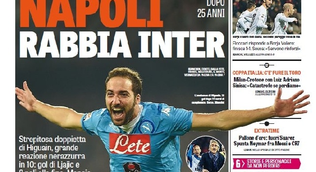 FOTO - La prima pagina della Gazzetta dello Sport su Mancini: Callejon ha simulato! Scappa Napoli