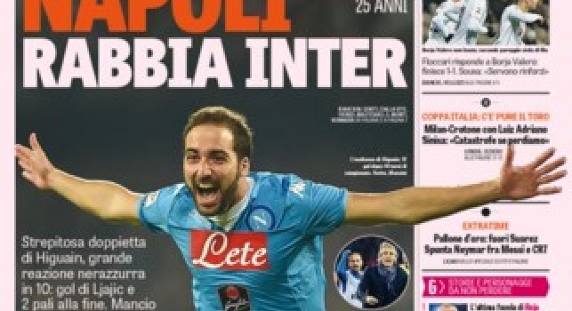 FOTO - La prima pagina della Gazzetta dello Sport: Scappa Napoli, rabbia Inter