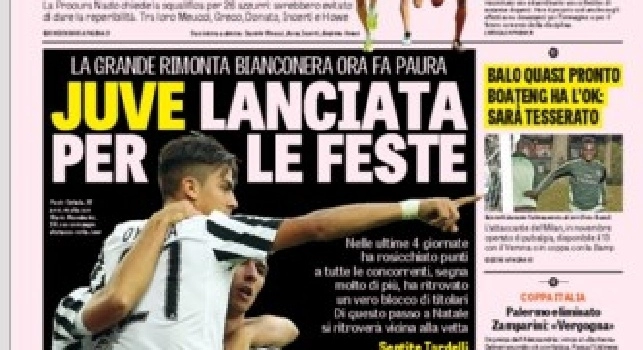 FOTO - La prima pagina della Gazzetta dello Sport: Juve lanciata per le feste