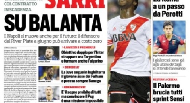 FOTO - La prima pagina del Corriere dello Sport: Sarri su Balanta