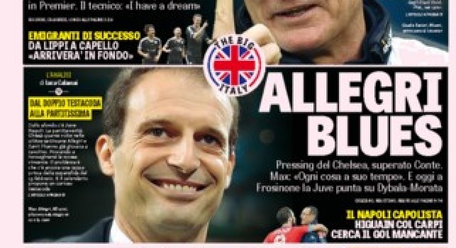FOTO - -La prima pagina della Gazzetta dello Sport: Ranieri rock, Allegri blues