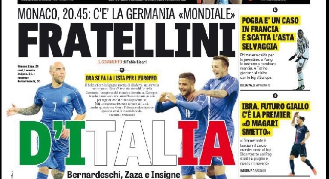 FOTO - Prima pagina Gazzetta: Insigne-Zaza-Bernardeschi <i>fratellini</i> d'italia
