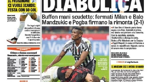 FOTO - 'La Gazzetta dello Sport' in prima pagina: Juve diabolica, Buffon mani scudetto
