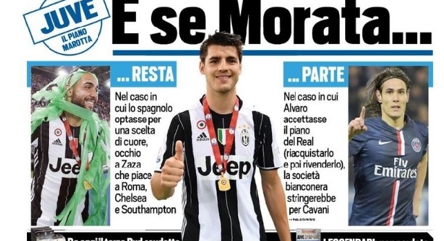 FOTO - La prima pagina di 'Tuttosport': Se parte Morata, la Juve stringe per Cavani