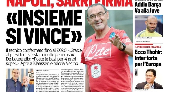 FOTO - La prima pagina del Corriere dello Sport - Napoli, Sarri firma: Insieme si vince