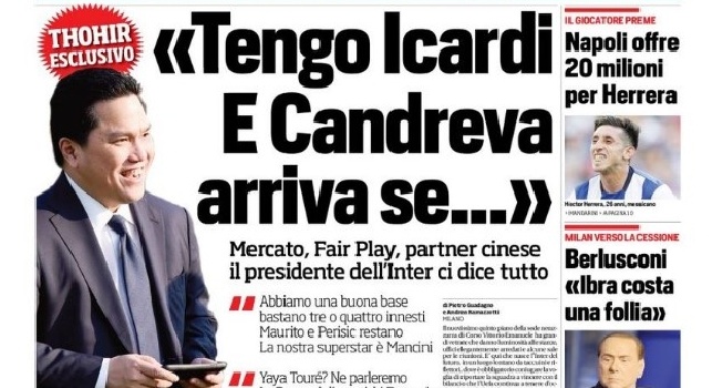 FOTO - La prima pagina del 'Corriere dello Sport': Napoli, 20 mln per Herrera