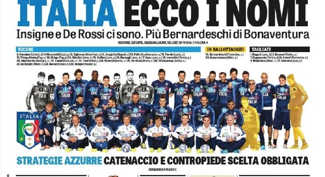FOTO - Prima pagina Gazzetta: Italia, ecco i nomi: ci sono Jorginho e Insigne. Svolta in Serie A: in rosa 4 del vivaio e 4 come Hamsik