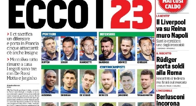 FOTO - Prima pagina CorrSport: Il Liverpool su Reina: muro Napoli! Italia, ecco i 23: Jorginho e Insigne ci sono
