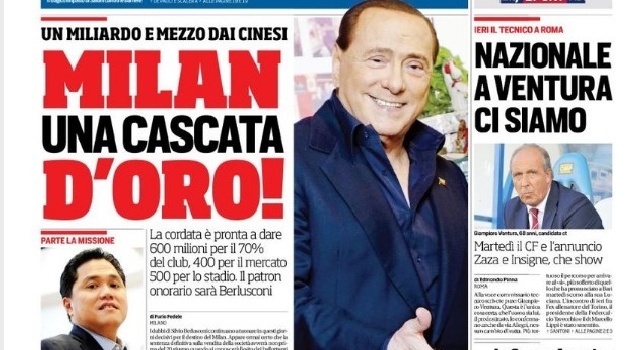 FOTO - <i>Corriere dello Sport</i>, la prima pagina: Show di Insigne e Zaza