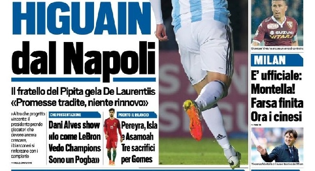 FOTO - La prima pagina di TuttoSport provoca: La Juve allontana Higuain dal Napoli