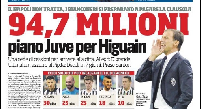 FOTO - CdS, la prima pagina: La Juve prepara 94,7 milioni. Il Napoli non tratta e dà l'ultimatum a Higuain: decidi in 7 giorni