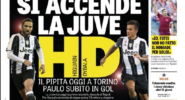 FOTO - La prima pagina de La Gazzetta dello Sport: Il Napoli prende Milik e rilancia per Icardi, ma Thohir dice no
