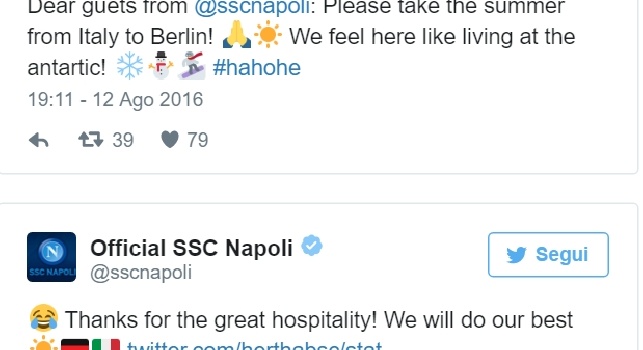 Botta e risposta tra Napoli ed Hertha Berlino: Portateci un po' di sole dall'Italia