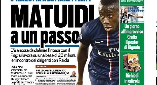 FOTO - Tuttosport in prima pagina: Napoli, urna benevola. Matuidi ad un passo, Zaza-West Ham più vicini