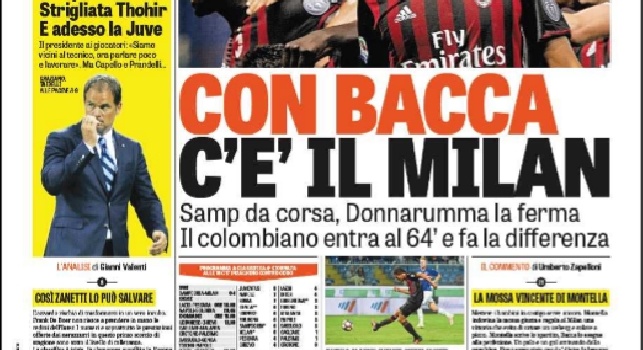 FOTO - Gazzetta dello Sport in prima pagina: Con Bacca il Milan c'è, De Boer sotto accusa