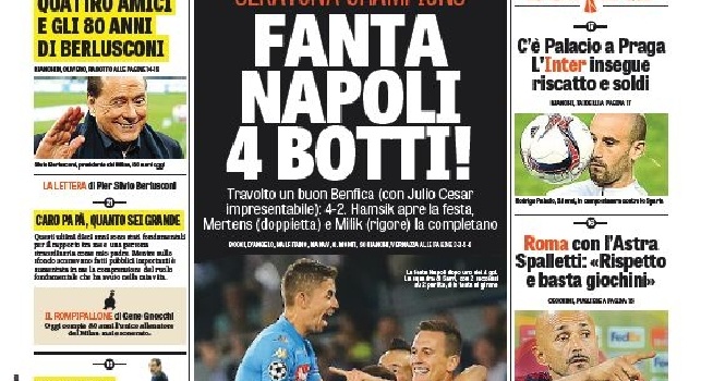 FOTO - Prima pagina Gazzetta: Seratona Champions, fanta Napoli: 4 botti! Sarri e il primato del gioco