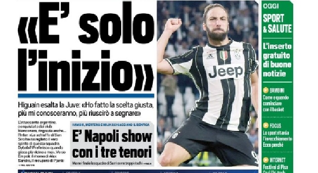 FOTO - Prima pagina Tuttosport: E' Napoli show con i tre tenori