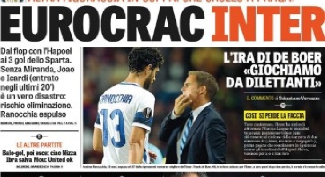 FOTO - Prima pagina Gazzetta: Eurocrac Inter. L'ira di De Boer: giochiamo da dilettanti!