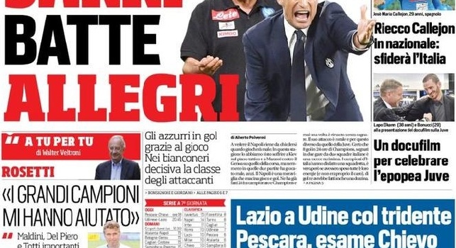 FOTO - Prima pagina CorrSport: Sarri batte Allegri: il Napoli ha segnato di più anche senza Higuain!