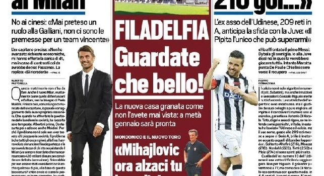 FOTO - Prima pagina TuttoSport: Di Natale: 'Higuain? L'unico che può superare i miei 209 gol in A'