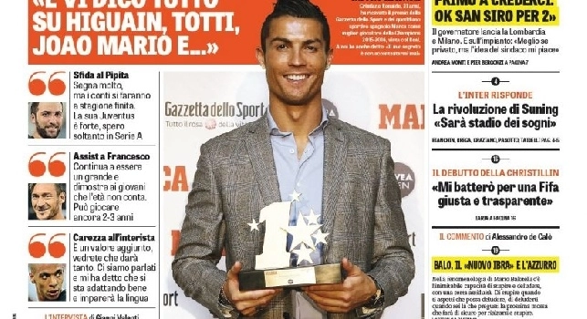 La prima pagina de La Gazzetta dello Sport, Cristiano Ronaldo: Higuain? Segna molto, ma...