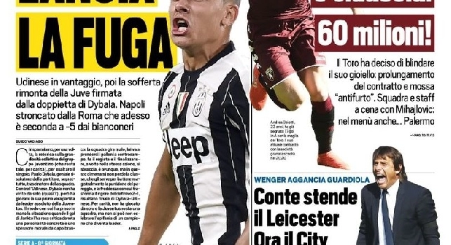 FOTO - TuttoSport in prima pagina: San Paulo lancia la fuga: Napoli stroncato dalla Roma, seconda a -5 dai bianconeri