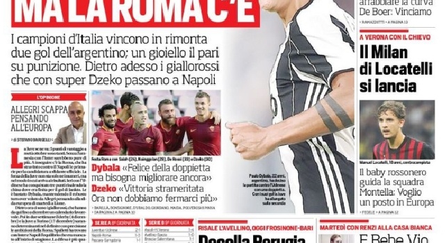 FOTO - 'Corriere dello Sport' in prima pagina: Fuga Juve, ma la Roma c'è: dietro i giallorossi che con Dzeko passano a Napoli