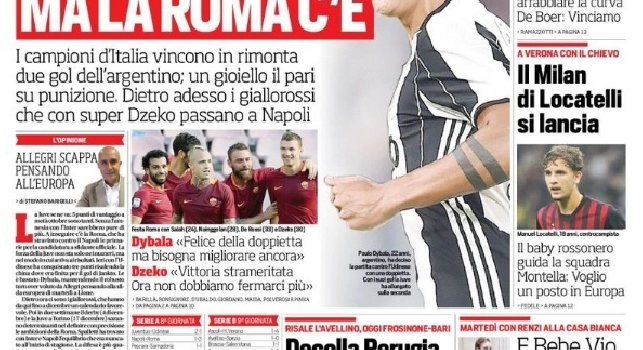 FOTO - 'Corriere dello Sport' in prima pagina: Fuga Juve, ma la Roma c'è: dietro i giallorossi che con Dzeko passano a Napoli