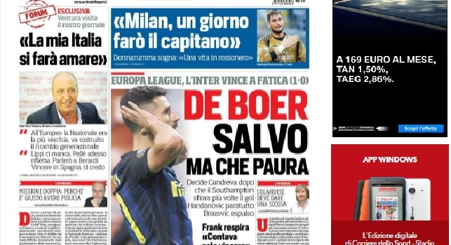 FOTO - Corriere dello Sport in prima pagina: De Boer salvo, ma che paura